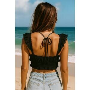 Free People Smocked Flutter Sleeve Boho Crop Top Womens XS Festival Lace Straps